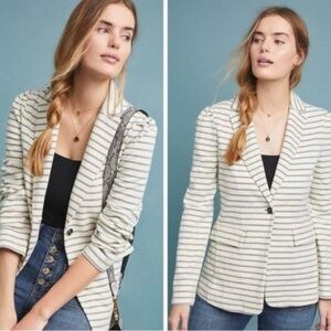 Anthropologie Striped Blazer Jacket Womens Large Black White Cotton preppy